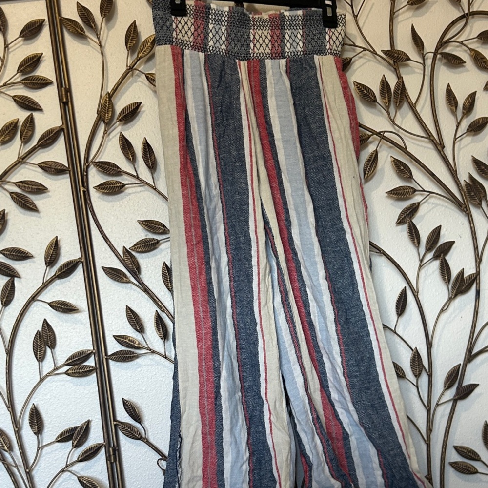 Striped Wide-Leg Smocked Waist Pants - Red, Blue & Cream